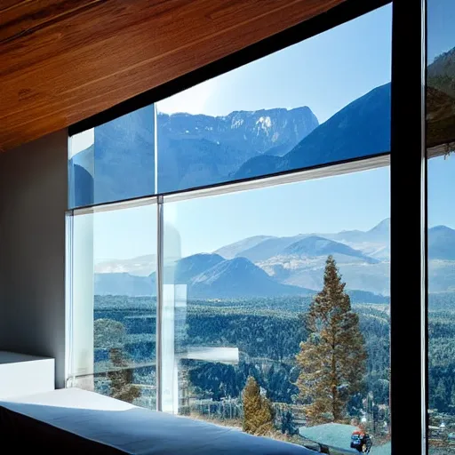 Image similar to looked at big window, mountains in background, sunny day time, clear sky, futuristic, furnitures, ultra realistic, ultra detailed, cinematic light