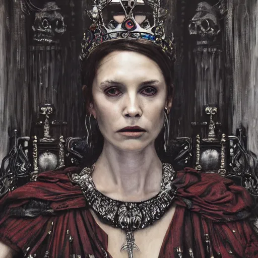 Image similar to queen of bones, sitting on a throne, detailed face, with a crown of skulls, skull earings ( blade runner, cyberpunk ) portrait by john william waterhouse and james gurney and theodore ralli and nasreddine dinet, oil on canvas. cinematic, hyper realism, realistic proportions, dramatic lighting, high detail 4 k