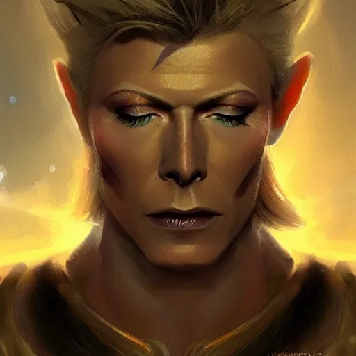 Prompt: a beautiful Norse Warrior based on David Bowie with glowing aura by Greg Rutkowski and Raymond Swanland, Trending on Artstation, cloudy background, ultra realistic digital art