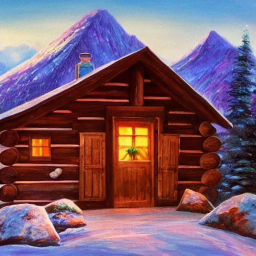 Image similar to a mountain cabin, bob ross, james burton, twilight