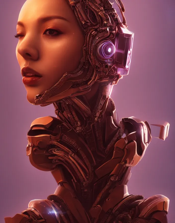 Image similar to beautiful portrait of friendly attractive alien cyborg, style of Feng Zhu, Artstation geometric, aesthetic, smooth skin, unique features, symmetrical, intricate crown, high fashion, streetwear, cyberpunk, detailed, octane render, cinematic, 8k, purple skin, brown skin