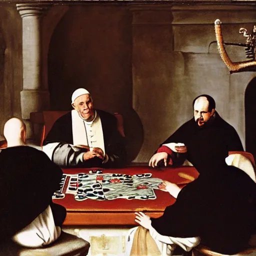 Prompt: the pope playing poker with satan, by velazquez