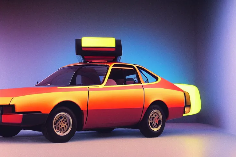 Prompt: designed by Giorgetto Giugiaro stylized poser of a 1977 AMC Pacer, thick neon lights, ektachrome photograph, volumetric lighting, f8 aperture, cinematic Eastman 5384 film