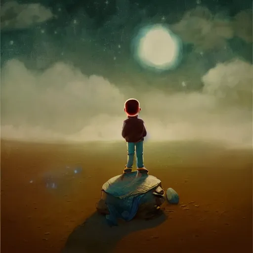 Image similar to a little boy with a blue scarf sits on the moon and looks into the warm abyss of space, he dreams of a terminal future, surreal photography, moon light, dark night, dramatic, impressionist painting, clouds, digital painting, artstation, simon stalenhag