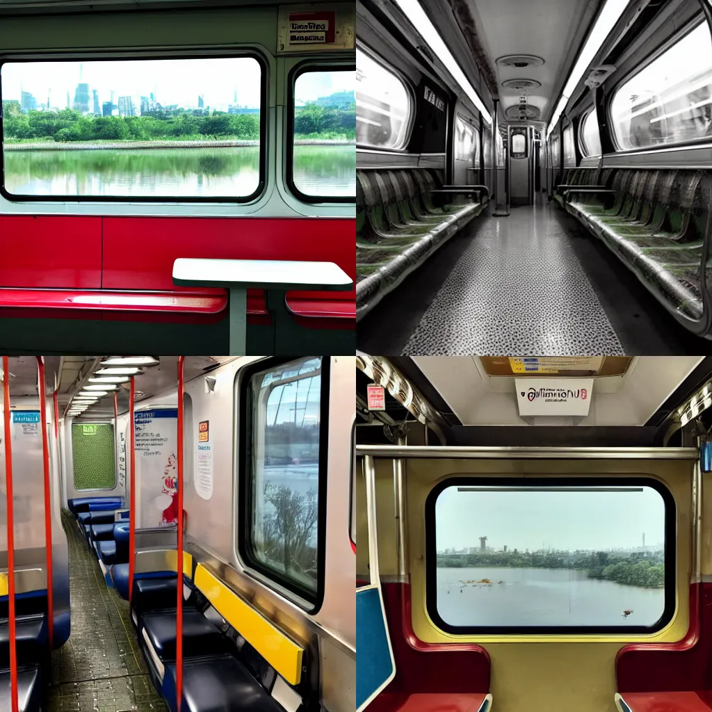 Prompt: A photograph of the inside of a subway train. There are frogs sitting on the seats. One of them is reading a newspaper. The window shows the river in the background