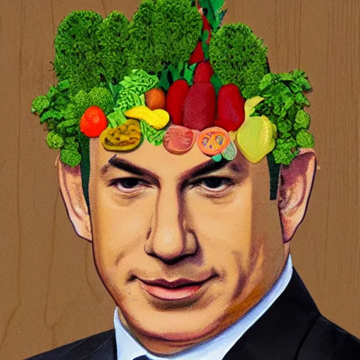 Prompt: portrait of benjamin netanyahu made of fruits vegetables and flowers