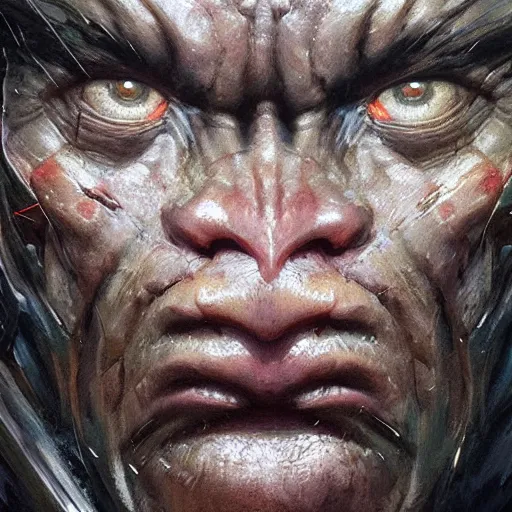 Image similar to A frontal head portrait of The Predator , by dreadjim, Greg Rutkowski, james gurney, epic scifi character art, Exquisite detail, post-processing, low angle view, masterpiece, cinematic