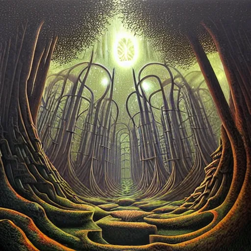 Prompt: an ancient futuristic druidic village in the woods, painting by jeffrey smith