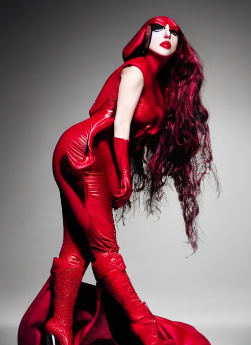 Image similar to photoshoot of lady gaga as the scarlet witch in wandavision , by nick knight, magazine, High resolution. Highly detailed. Dramatic. 8k.4k.