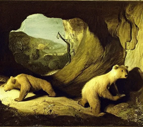 Image similar to viewer looking into dark cave and seeing a mother bear and her cubs sleeping, night time, artwork by Pieter Claesz, impressionism