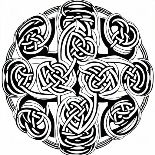 Image similar to a circular vector tattoo design with a shinto influence. art nouveau, celtic knots, curvilinear, recursive.