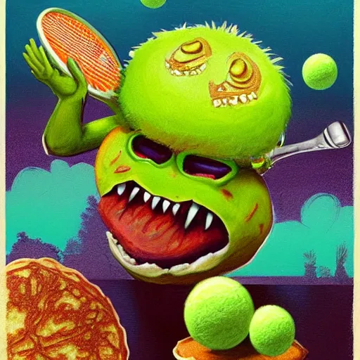 Image similar to a tennis ball monsters eating pancakes, colorful, digital art, fantasy, magic, chalk, trending on artstation, ultra detailed, professional illustration by basil gogos