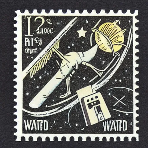 Prompt: vintage mailing stamp from a alien world