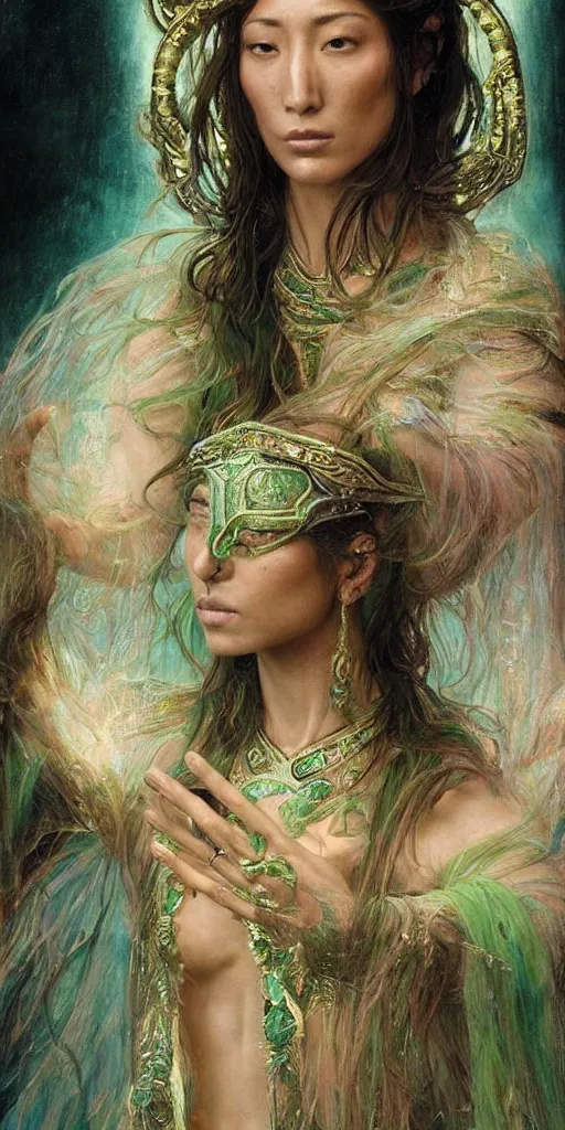 Image similar to epic masterpiece portrait of priestess played by dichen lachman, followed by head with many souls, beautiful face and flawless skin, perfect hands, emeralds by Edgar Maxence and Ross Tran and Michael Whelan