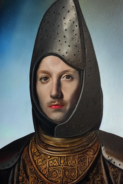 Image similar to hyperrealism oil painting, close - up portrait of face hiding in stingray medieval fashion model, knight, steel gradient mixed with nebula sky, in style of baroque mixed with 7 0 s book art