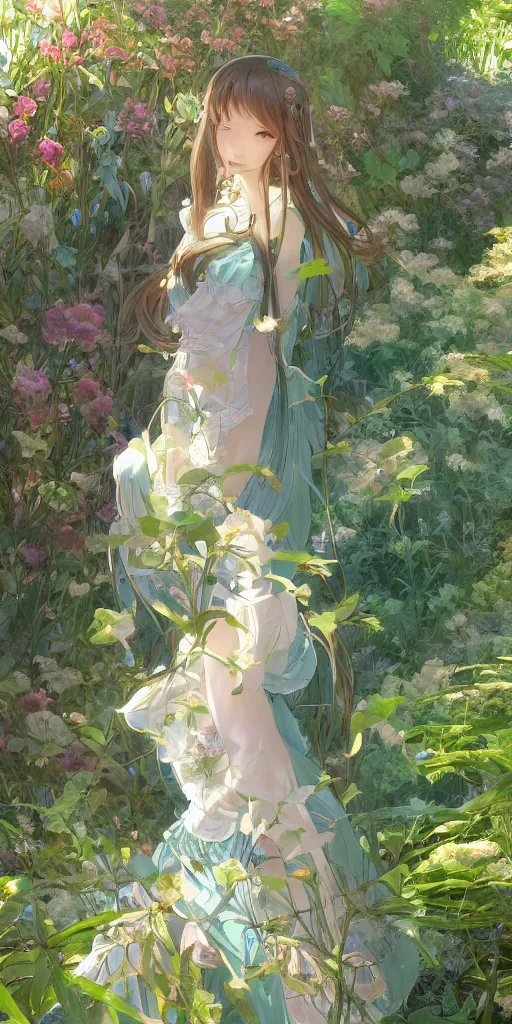 Image similar to a digital art of a loli with long hair in a dress in the privet garden at after noon, green and blue and warm theme, back lighting, by krenz cushart and mucha and akihito yoshida and greg rutkowski and makoto shinkai, detailed eyes, 4 k resolution, trending on art station