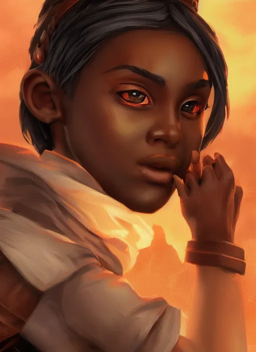 Image similar to An epic fantasy comic book style portrait painting of a young dark skinned girl with short hair dressed as a boy in a cap in the style of the wheel of time, unreal 5, DAZ, hyperrealistic, octane render, cosplay, RPG portrait, dynamic lighting