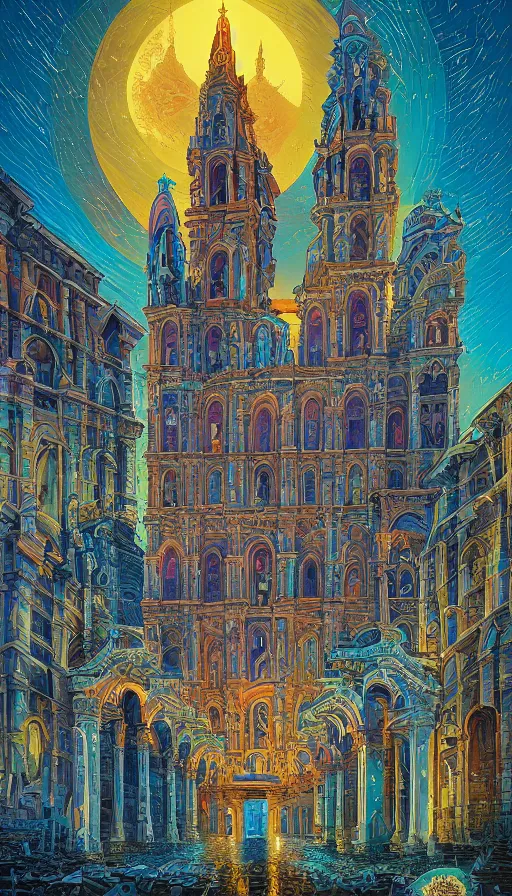 Image similar to The cathedral of ancient prophecies and wisdom, italian futurism, Dan Mumford, Josan Gonzalez