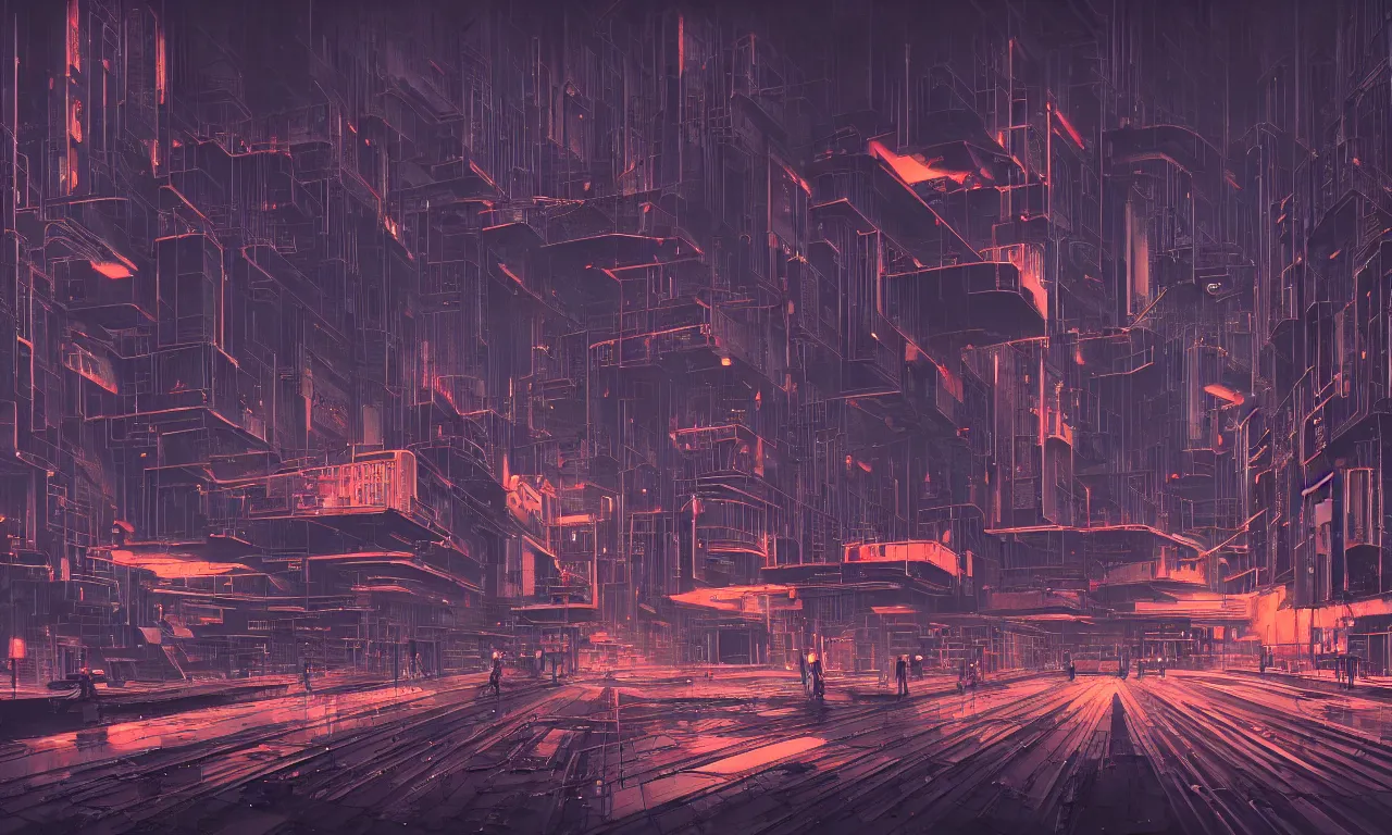 Image similar to fractal circuit motherboard, brutalist buildings, metal, concrete, wet streets, neon lights, neon signs, vehicles, pedestrians, syd mead, ralph mcquarrie, doug chiang, concept art, matte painting, finely detailed, minimal artifacts, rule of thirds, dynamic lighting, cinematic, denoised, centered, artstation