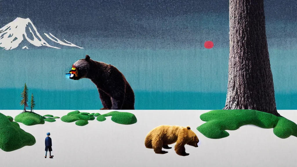 Image similar to seaside landscape with sequoia trees and a bear, japan, a collage painting, in the style of wes anderson, lola dupre, david hockney, isolated on negative white space background dark monochrome neon spraypaint accents volumetric octane render