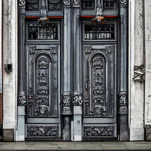 Image similar to hundred different makeshift doors combined on a building facade, ultra detailed, dslr, f 1 1, frontal view