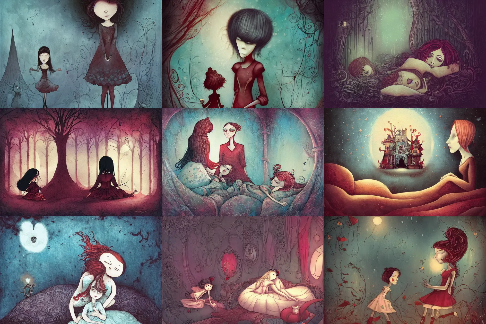 Prompt: Alice wakes up at her sister\'s side and relates her adventures, dramatic, art style Megan Duncanson and Benjamin Lacombe, super details, dark dull colors, ornate background, mysterious, eerie, sinister