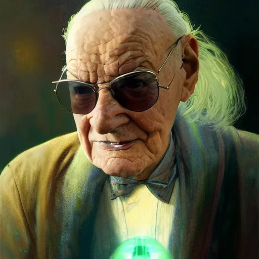 Image similar to hyperrealist portrait of an ancient old alien man with large cruel intelligent eyes and a huge head standing in front of a computer interface by jeremy mann and alphonse mucha and stan lee, fantasy art, photo realistic, dynamic lighting, artstation, poster, volumetric lighting, very detailed faces, award winning, full face, symmetry