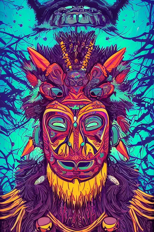 Image similar to totem animal mask tribal feather gemstone plant wood rock shaman vodoo video game vector illustration vivid multicolor borderlands comics by josan gonzales and dan mumford radiating a glowing aura