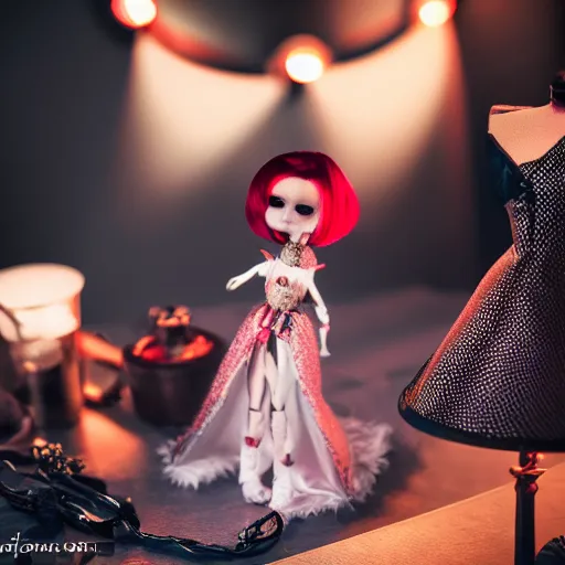 Image similar to adorable vampire themed high end fashion doll and accessories, on a table under a lamp light shining down over it like a spot light, god rays, dust particles, photorealistic, aesthetic shot, worms eye view, macro camera lens, high definition, thematic, cinematic, lens flare