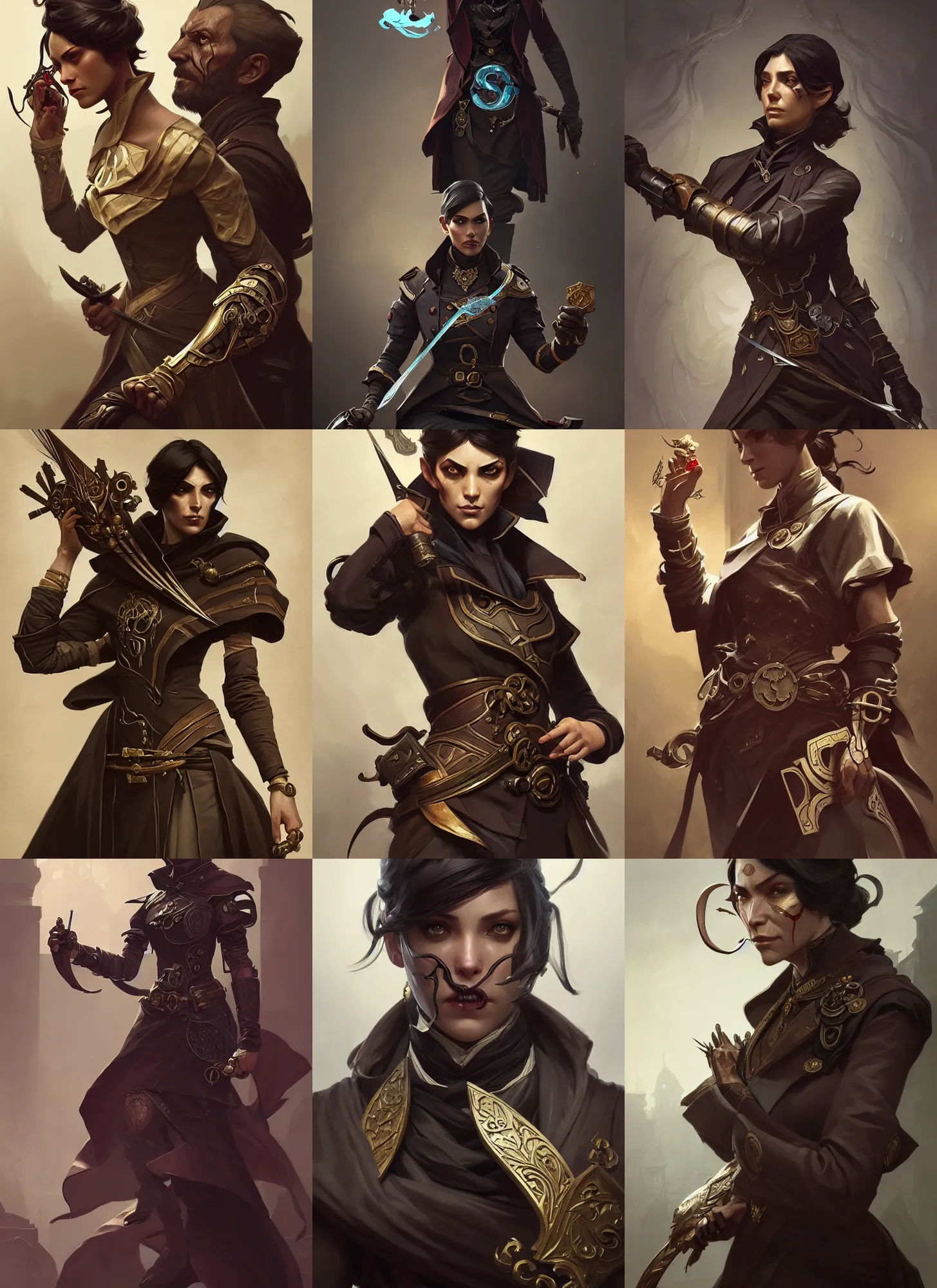 Prompt: characters from the game dishonored, d & d, fantasy, intricate, elegant, highly detailed, digital painting, artstation, concept art, matte, sharp focus, illustration, hearthstone, art by artgerm and greg rutkowski and alphonse mucha