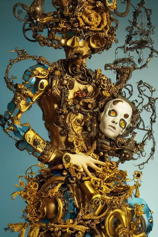 Image similar to full-body baroque and cyberpunk style sculpture of a young handsome Spanish prince half android with a chest opening exposing circuitry and electric sparks, glowing yellow laser eyes, crown of yellow roses, flowing teal-colored silk, fabric, flowers. baroque elements, human skull. full-length view. baroque element. intricate artwork by caravaggio. many many birds birds on background. Trending on artstation, octane render, cinematic lighting from the right, hyper realism, octane render, 8k, depth of field, 3D