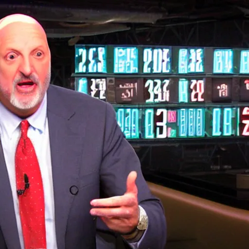 Prompt: Jim Cramer but Cramer's eyes are clocks the clocks are broken he has broken clocks for eyes the hands are falling off and gears are popping out other than that Jim Cramer is normal