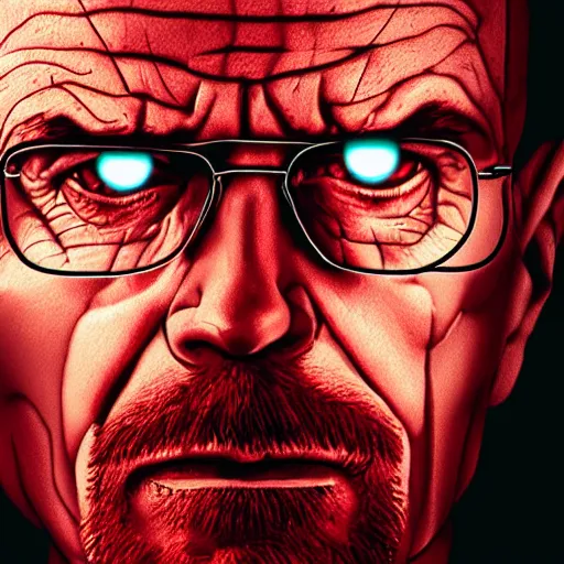 Image similar to walter white terminator with one glowing red cyborg eye and one normal eye, high res photograph, portrait, dramatic lighting,