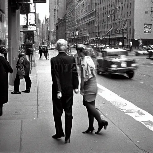 Prompt: analog medium format walking people street photography in new york, 1 9 6 0 s, wide - angle, photographed on colour expired film, detailed photograph