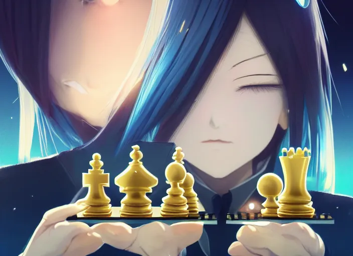 Image similar to rimuru playing chess, with gold eyes, sky blue straight hair, bangs, black jacket, high collar, concept art, award winning photography, digital painting, cinematic, by wlop, anime key visual, wlop, 8 k, by ross tran, tom bagshaw, ilya kuvshinov, andy warhol