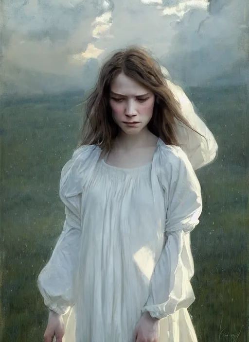 Prompt: portrait of a levitating girl dressed in white clothes, countryside, calm, fantasy character portrait, dynamic pose, above view, sunny day, thunder clouds in the sky, artwork by Jeremy Lipkin and Giuseppe Dangelico Pino and Michael Garmash and Rob Rey, very coherent asymmetrical artwork, sharp edges, perfect face, simple form, 100mm