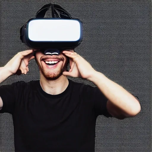 Prompt: young white man using vr glasses to get into the metaverse, smiling