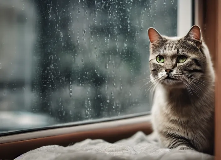 Image similar to photography of a Cat . watching outside the window while it rains. on a bed. in a room full of vinyls and posters, photorealistic, raining award winning photo, 100mm, sharp, high res