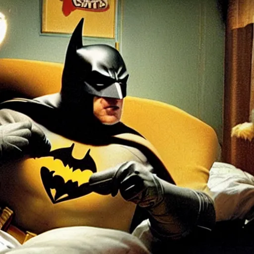 Image similar to movie still, movie frame, batman eats fried chicken in bed, lit only by the glow of the television set