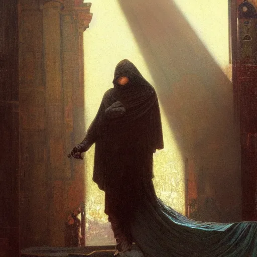 Image similar to half portait of magican wearing a closed cowl holding a big old book!, jeremy mann, jean leon gerome, alphonse mucha, greg rutkowski, hood covers his eyes, ( ( ruins of ancient rome ) ), at dusk, mysterious atmosphere, sunrays, dof, masterpiece, high detailed, 8 k