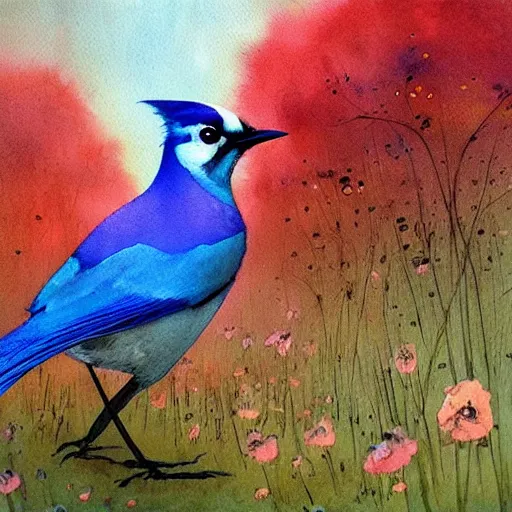 Image similar to a beautiful watercolor painting of a colorful jay in witch's garden, art by Beksinski, trending on artstation