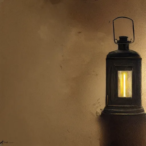 Image similar to oil lantern in musky office, dusty, cobwebs, ink stains, volumetric light, dark, art station, realistic painting