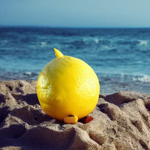 Image similar to a lemon in shape of a human with legs of lemons and round body, arms of lemons, it's relaxing on a beach, volumetric light