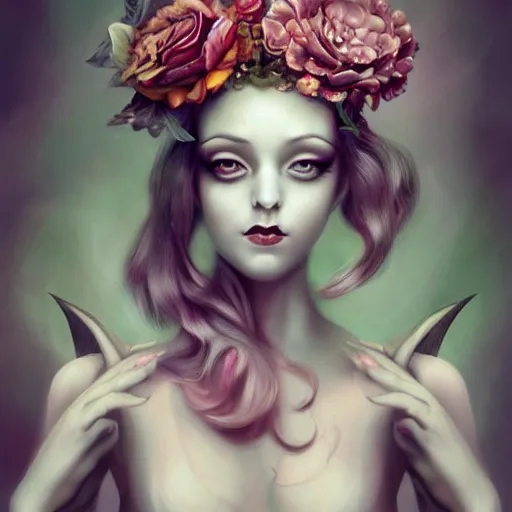 Image similar to of a woman,surreal Portrait inspired by Natalie Shau,Anna Dittman,flower crown,coral dress,horns,cinematic