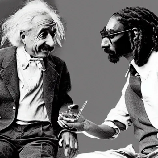 Image similar to Albert Einstein and Snoop Dogg discussing physics and smoking blunts