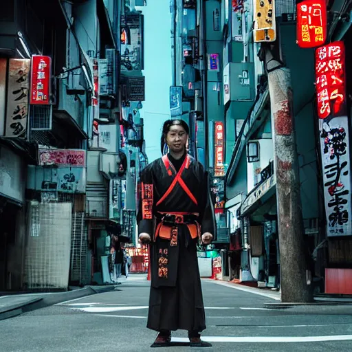 Prompt: a samurai wielding his katana in the middle of modern tokyo in cyberpunk style