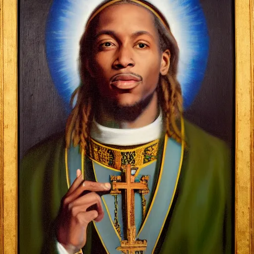 Prompt: portrait of the holy father, fetty wap, religious, oil on canvas by william sidney mount, trending on artstation,