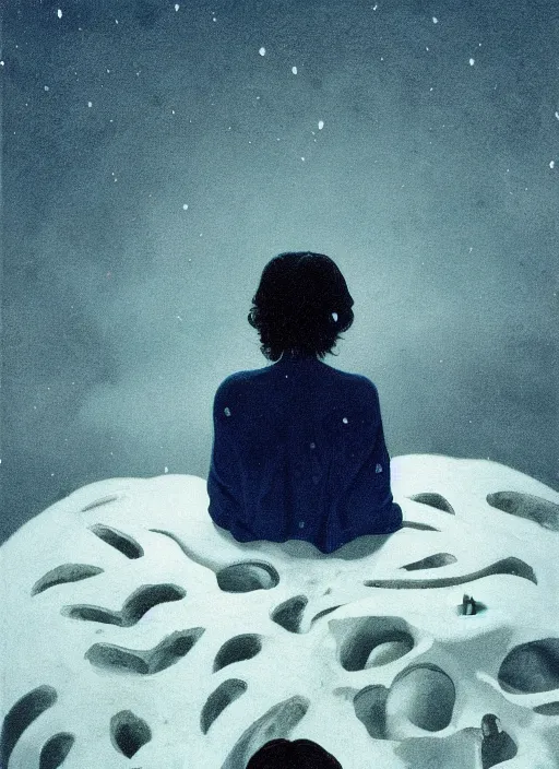 Image similar to woman sitting on a pile of skulls, snowing night by Edward Hopper and James Gilleard, Zdzislaw Beksinski, Katsuhuro Otomo highly detailed