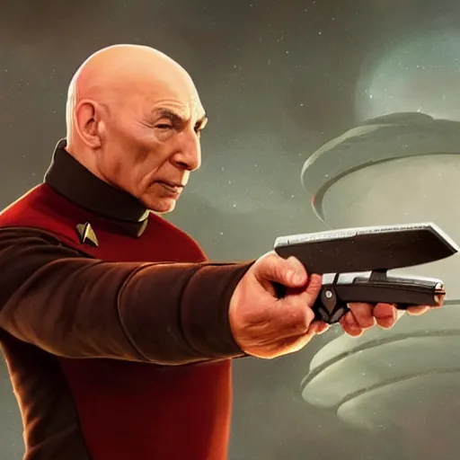 Prompt: Jean Luc Picard violently murdering an alien from Star Trek with a knife and .45 , highly detailed, digital painting, artstation, concept art, smooth, sharp focus, illustration by Artgerm and Greg Rutkowski and Tom Bagshaw