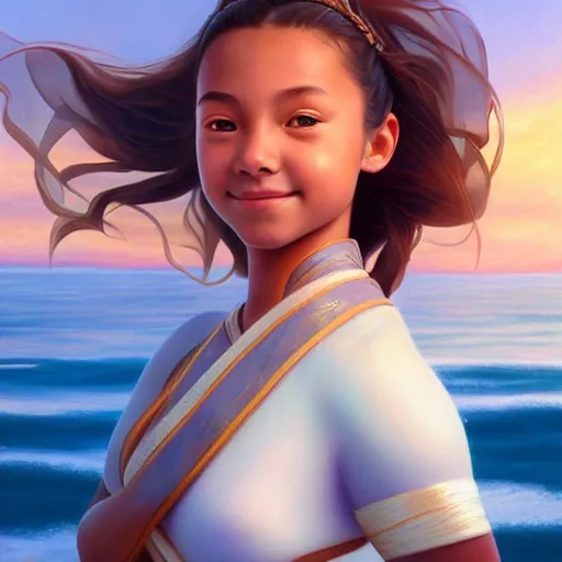 Image similar to beautiful serene intricate portrait of katara from the water tribe as a young woman, smiling softly, relaxing on the beach, golden hour, soft focus, 8 k, art by irakli nadar, hyperrealism, hyperdetailed, ultra realistic